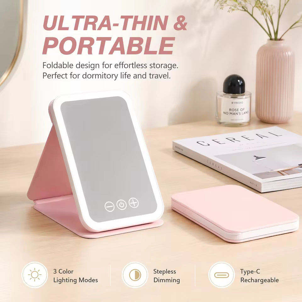 Rechargeable Folding LED Makeup Mirror with 3 Light Modes