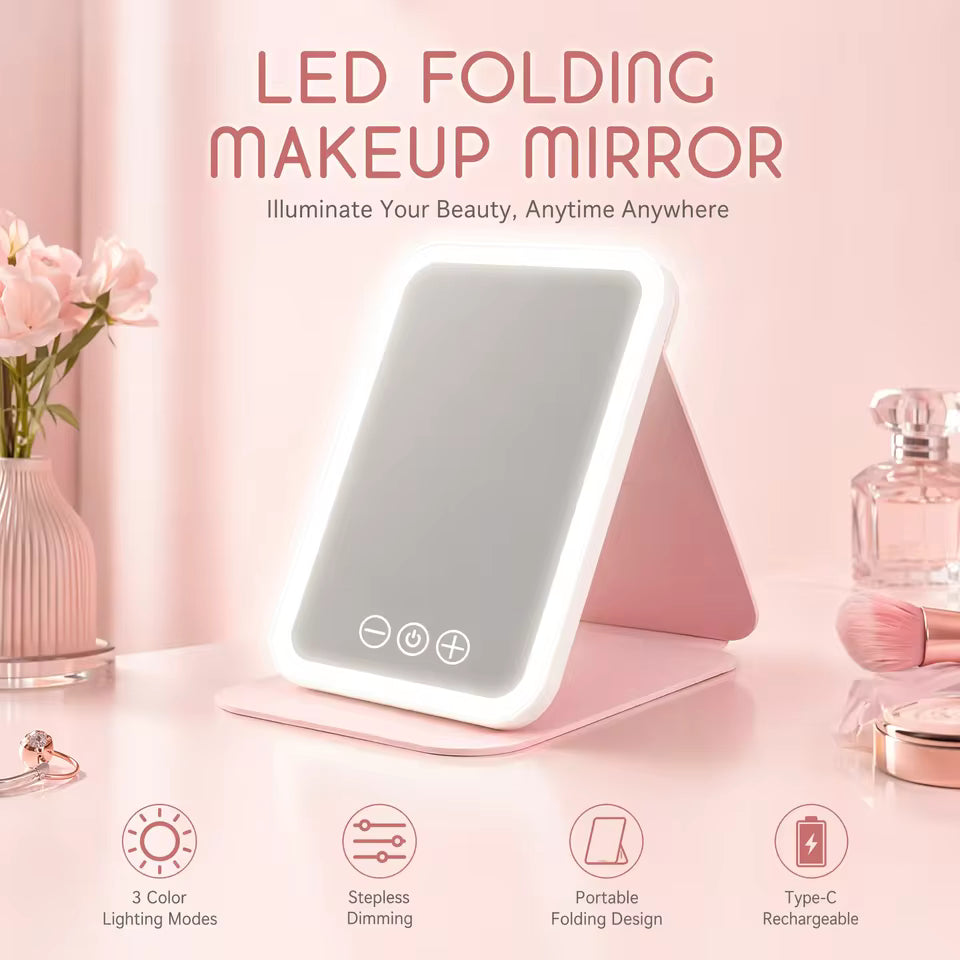 Rechargeable Folding LED Makeup Mirror with 3 Light Modes