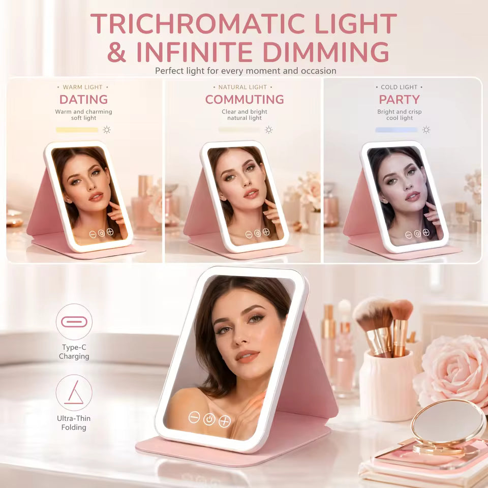 Rechargeable Folding LED Makeup Mirror with 3 Light Modes