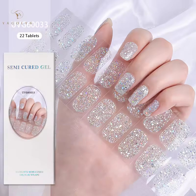 22-Finger Semi-Cured Gel Nail Sticker Kit with UV Lamp